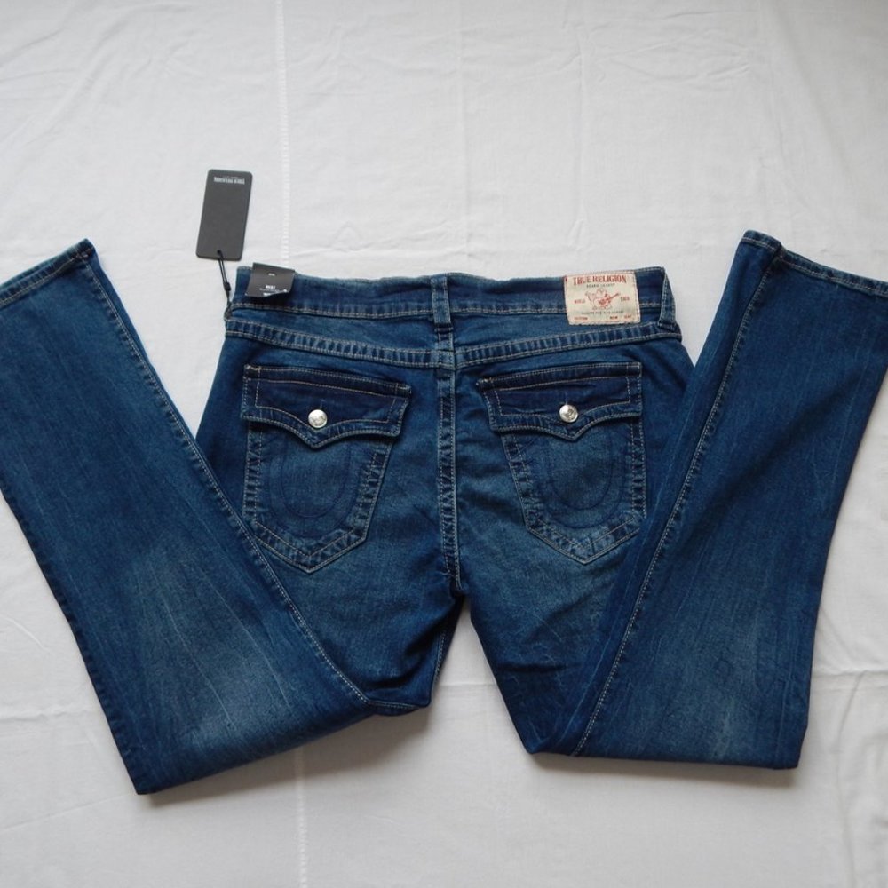 NWT MEN’S TRUE RELIGION RICKY SN FLAP Relaxed Straight Blue Indigo JEANS 38 x 34